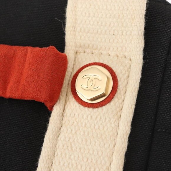 CHANEL Sac Canvas Line Choco Bar Hand Bag Canvas Navy Gold CC Auth BA6110 - Picture 2 of 16